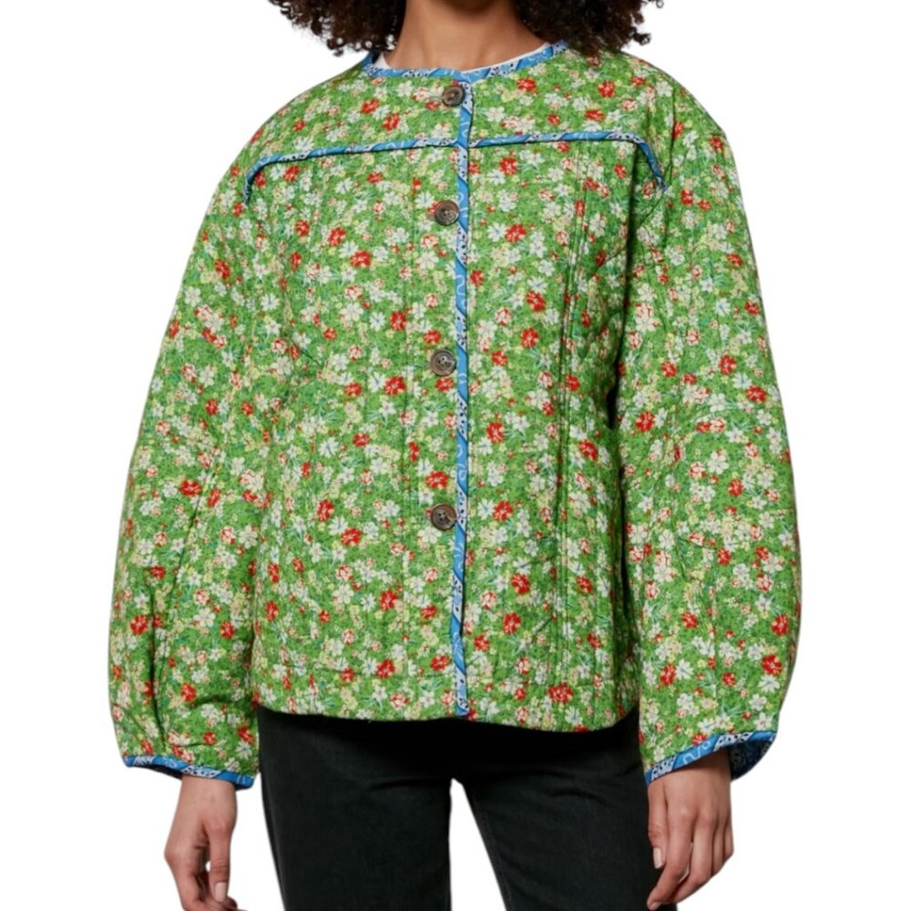 Damson Madder Markey Quilted Green Floral Jacket 8 Oversized Boho Cottagecore - Picture 2 of 13